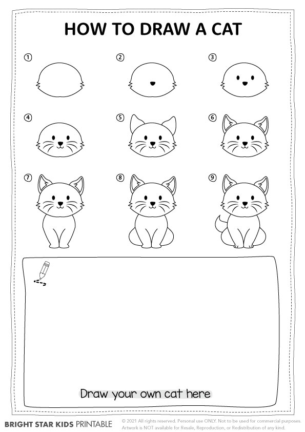 Easy Step-by-Step Cat Drawing for Kids Coloring Page